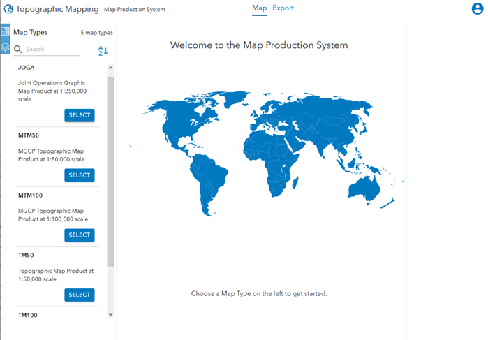 The MPS web app with the Map Types pane expanded The MPS web app with the Map Types pane expanded